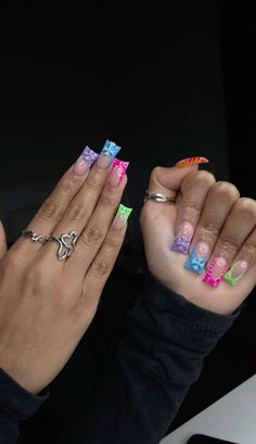 Cute Square Nail Designs, Colorful Square Nails, Short Acrylic With Charms, Junky Charm Nails Short, Duck Nails Colorful, Short Frenchies With Charms, French Tip Set, Nails Acrylic Charms Y2k, Colorful French Tips