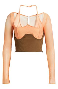 Layer your style in this ombré mesh top paired with a fully boned corset that laces up the back for a curve-hugging fit bringing support to your look. Top has scoop neck; long sleeves; sheer Corset ties at back Top is 80% polyamide, 20% elastane; corset is 97% cotton, 3% elastane Dry clean Imported Yellow Corset, Sheer Corset, Ombre Lace, Orange Ombre, Lace Corset, Lace Tops, Corset Top, Black Floral, Mesh Top