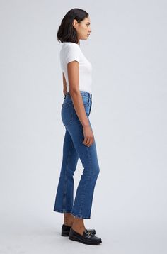 This classic ankle flare style is designed to sit at the natural waist, and flare slightly at the ankle to elongate the legs. Made from stretch denim that conforms to your body and won't loose it's shape overtime, these pants will quickly become your favorite pair of jeans. Featuring our signature V-back belt loops and faux croc embossed label for a chic detail that accentuates your natural waist. Style these with a baby tee and sneakers or a sweater and heels.  WASH: Charlotte - Medium Blue with Fading Suede Fashion, Denim Flares, Baby Tee, Medium Blue, Leather Fashion, Infant Tees, Stretch Denim, Heels, Sneakers