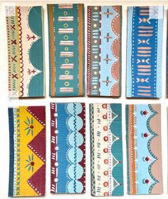 six pieces of colorful fabric with designs on them, all in different colors and sizes