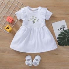 Baby Girl Embroidered Flower Print Ruffle Trim Dress - PrettyKid Sweet Summer Dresses With Floral Applique, Sweet Floral Applique Dress For Spring, Spring Cotton Dress With Floral Applique, Sweet Embroidered Cotton Dress, Fitted Cotton Dresses With Floral Applique, Sweet White Dress With Floral Embroidery, Sweet Short Sleeve Cotton Dress, Bulk Fabric, Ruffle Trim Dress