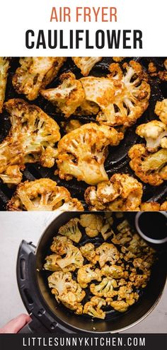 an air fryer with cauliflower in it and the words, how to make air fryer cauliflower