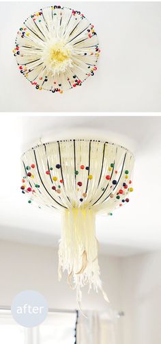 the ceiling fan is decorated with beads and tassels