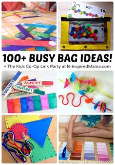 the back to school bag is filled with lots of colorful items and text that says 100 + busy bag ideas