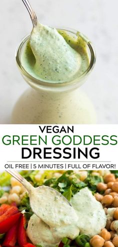 vegan green goddess dressing in a glass jar and on a plate with chickpeas