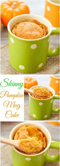 pumpkin mug cake in a green polka dot pot