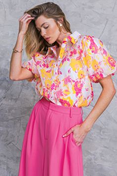 Introducing the Effortless Outlook Woven Top — look and feel your best without the effort. This stylish piece features a shirt collar, button-down front, puff sleeves and a cami for maximum comfort. With its eye-catching print, the Effortless Outlook Woven Top is a perfect choice for any occasion. Details Self : 100% Polyester Lining : 100% Polyester Size & Fit - Model is 5`8" And Wearing Size Small - Measurements Taken From Size Small - Approx. Length: 25" Spring Day Out Blouse With Collared Neckline, Pink Puff Sleeve Blouse For Day Out, Pink Puff Sleeve Blouse For Spring, Pink Short Sleeve Blouse For Brunch, Woven Top, Vintage Inspired Design, Pink Top, Shirt Collar, Pink Tops