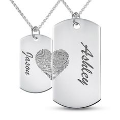 Create a romantic gift with this personalized and engravable couple's fingerprint dog tag pendant set. Fashioned in sterling silver Each dog tag features an actual fingerprint - provided by you and your special someone, expertly transferred using modern technology - that when brought side-by-side form a heart. Add a corresponding name - 10 characters max - inscribed next to the fingerprint. Further customize each design with up to three lines of messages - 20 characters max - inscribed along the Craft Shack, Dog Tag Pendant, Laser Engraved Ideas, Pet Memorial Jewelry, Personalized Pet Memorial, Peoples Jewellers, Remembrance Gifts, Pet Memorial Gifts, Tag Design