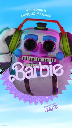 the poster for barbie's music maman featuring an image of a robot with headphones