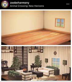 two pictures of a living room with wood floors