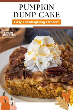 pumpkin dump cake on a white plate with whipped cream and pecans in the background