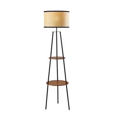 a floor lamp with a wooden shelf underneath it and a beige shade on the top