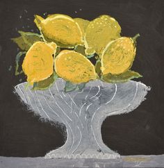 a chalk drawing of lemons in a white vase