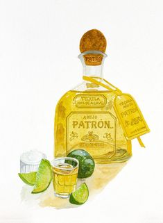 a painting of a bottle of patron with limes and a shot glass next to it