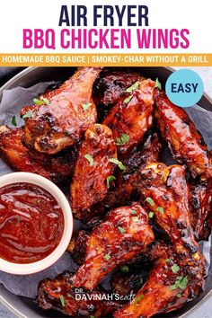 air fryer bbq chicken wings in a bowl with ketchup