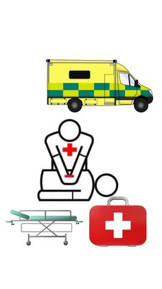 an ambulance and medical supplies are depicted in this graphic art workflowe, with the image of a man sitting on a bench