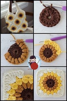 crocheted sunflowers are shown in four different pictures, one is brown and the other is yellow