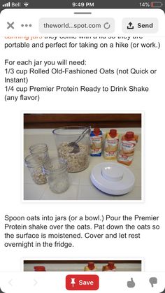 an image of food on the table with instructions to make oatmeal in jars