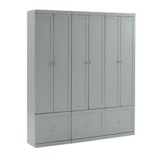 a large gray cabinet with three doors and two drawers on the bottom, one door open