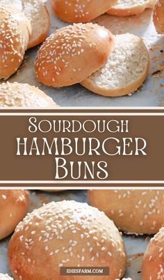 hamburger buns with sesame seeds on top and the words, sourdough hamburger buns