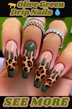 These olive green drip nails with leopard print are so trendy! 💚 Click to see more nail designs and get inspired! ➡️  https://hauserinfo.com/finger-nail-designs/ #nailart #dripnails #leopardprint ,nailart,nails,naildesigns,nailinspo,manicure,beauty,fashion,style,gelnails ,acrylic nails,nail art designs,geometricnails,floralnails,frenchmanicure,ombrénails ,marblenails,summernails,winternails,holidaynails,weddingnails,valentinesnails ,rednails,pinknails,bluenails,nudenails,blacknails,springnails Green And Leopard Nails, Gucci Nails Designs, Green Cheetah Print Nails, Green Leopard Print Nails, Olive Green Leopard Nails, Green With Leopard Nails, Khaki Leopard Nails, Camouflage Nails, Almond Nail Art