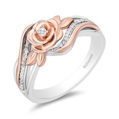 This fresh Belle rose ring, crafted in sterling silver and 10K rose gold, dazzles with 35 round brilliant cut diamonds. It embodies the essence of beauty and elegance of your favorite intelligent heroine.Our Enchanted Disney fine jewelry collection is charming, romantic and full of whimsy. Helzberg and Disney invite anyone to embrace their inner princess or celebrate a fairytale love story. | 1/10 ct. tw. Belle Rose Ring | Sterling Silver & 10K Rose Gold | Round Brilliant Cut | White | Size 6 | Enchanted Disney Disney Enchanted Rings, Fairytale Love, Disney Enchanted, Enchanted Disney, Enchanted Disney Fine Jewelry, Belle Disney, Rose Ring, Fine Jewelry Collection, Ring Sterling Silver