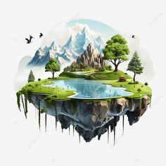 fantasy landscape with lake mountains and birds vector illustration fantasy landscape with lake mo Background Fantasy, Birds Vector, Illustration Landscape, Illustration Fantasy, Mountain Background, Mountain Illustration, Fantasy Island, Nail Art Designs Diy