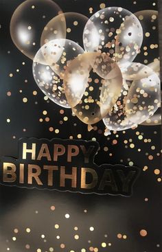 a birthday card with balloons and confetti in the air on a black background