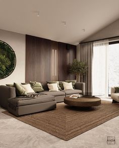 a living room with a large round coffee table