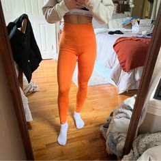 H&M Orange Workout Leggings, Never Worn, Good Condition Casual High Stretch Orange Bottoms, Orange High Waist Activewear For Workout, High Waist Orange Activewear For Workout, Orange Athleisure Pants For Workout, Orange Athleisure Pants For The Gym, H&m High Rise Fitted Bottoms, Orange Athleisure Yoga Bottoms, Orange Compression Gym Bottoms, H&m Fitted High Rise Bottoms