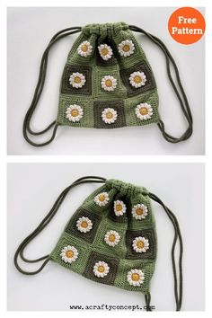 crochet drawstring bag with flowers on the front and back, two pictures side by side