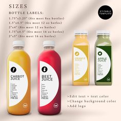 three different types of juices are shown in this graphic style, with the price label below