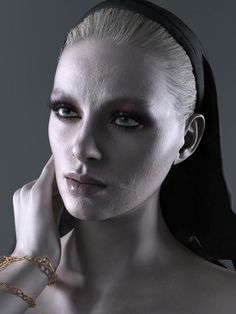 a woman with white hair and black make - up is posing for the camera, her hands on her shoulder