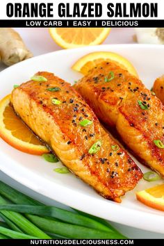 orange glazed salmon served on a white plate