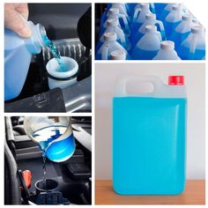 several different pictures with blue and white liquid in the bottom, one being poured into a plastic container