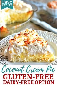 a slice of coconut cream pie on a white plate with the title text overlay