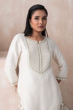 Ivory kurta with sequin bead embellished floral jaali patterns and cut-out detail on sleeves. Comes with sharara and dupatta. - Aza Fashions Kurta Sharara Set, Kurta Sharara, Rohit Bal, Chinese Silk, Tarun Tahiliani, Beaded Neckline, Sharara Set, Sequin Beading, Modern Bride