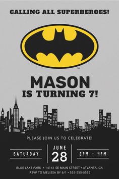 Batman - Gotham City | Birthday Invitation
Everyone's favorite superhero, Batman proves that you don't need super powers to be a superhero in these awesome birthday invitations. Personalize by adding your party details. Batman Birthday Invite, Batman Themed Birthday Party, Batman Gotham City, Batman Invitations, Batman Theme, Batman Birthday Party, Batman Party