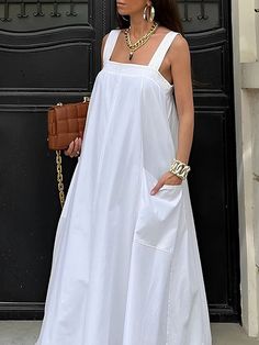 Aldigoods 2024 New Summer Women White Suspender Dress Sleeveless Loose Solid Color Square-Neck Casual Vacation Maxi Dresses White Suspenders, Vacation Maxi Dress, Streetwear Dress, Suspender Dress, Maxi Dresses Casual, White Maxi Dresses, Maxi Dresses, African Fashion, Casual Dresses For Women