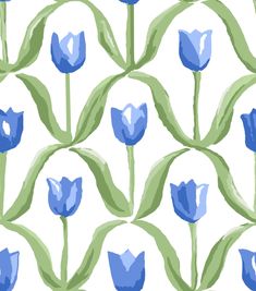 blue tulips with green leaves on a white background seamless pattern, suitable for wallpaper or fabric