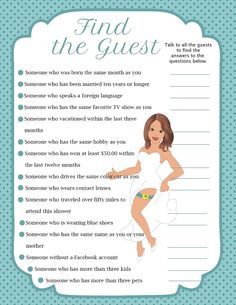 Honeymoon Shower, Find The Guest, Wedding Game, Fun Bridal Shower Games, Bridal Shower Planning, Bridal Games, Printable Bridal Shower Games, Wedding Shower Games, Bachelorette Party Games