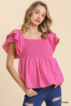 This Smocked Poplin Shirt has layered ruffle sleeve details that are too pretty to pass up! Runs true to size Sisterhood Round, Curvy Girl Dress, Empire Waist Tops, Preppy Shoes, Preppy Stuff, Preppy Clothes, Poplin Top, Umgee Tops, School Fits