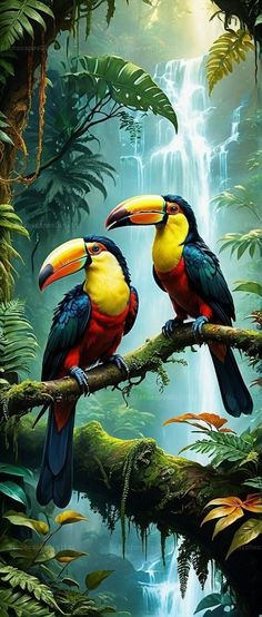 two colorful birds perched on a branch in front of a waterfall