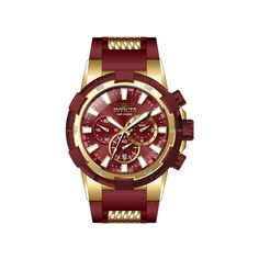 This eye-catching Invicta watch from the Aviator collection is powered by an accurate Quartz movement, with a gold case. Its face is decorated by a red, metal dial, and protected by a sturdy Flame Fusion Crystal. A red, gold, silicone, stainless steel band completes this timepiece that can resist water for up to 200 m. Invicta Aviator has been cleared for takeoff. Ready to roll with full throttle, carrying designs honoring aeronautical graphic history, each timepiece is a delicate machine waitin Red Chronograph Watch With Metal Dial, Red Modern Chronograph Watch With Metal Dial, Mens Invicta Watches, Best Watches For Men, Invicta Watches, Red Band, Gold Case, Stainless Steel Band, Watch Collection