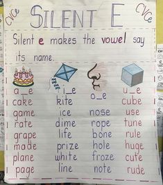 a piece of paper with writing on it that says silent e and some other words