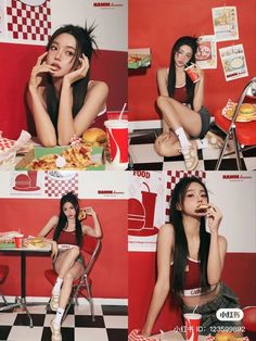 the woman is posing for photos in her red and white checkered restaurant booth with food