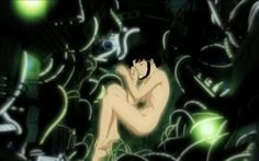 a naked man sitting in the middle of a room filled with green and white lights