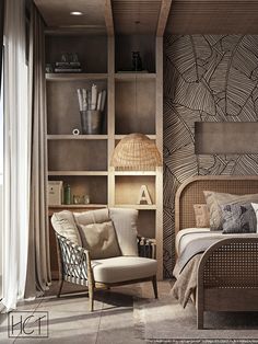 a bedroom with a bed, chair and bookshelf next to a large window