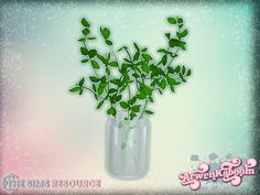 a glass vase filled with green leaves on top of a blue and pink wallpaper