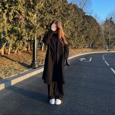 Korean Woman Winter Outfit, Long Coat With Dress Outfit, Black Trench Coat Outfit Korean, Casual Wool Coat Outfit, Pakistani Winter Outfits, Black Coat Aesthetic, Black Coat Outfits For Women, Long Dress Outfit Ideas, Winter Outfits Modest